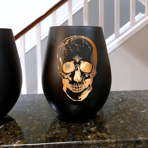 2 Black & Orange Glass Halloween Candleholders Double-Sided Skull + LED Candles - Picture 3 of 4